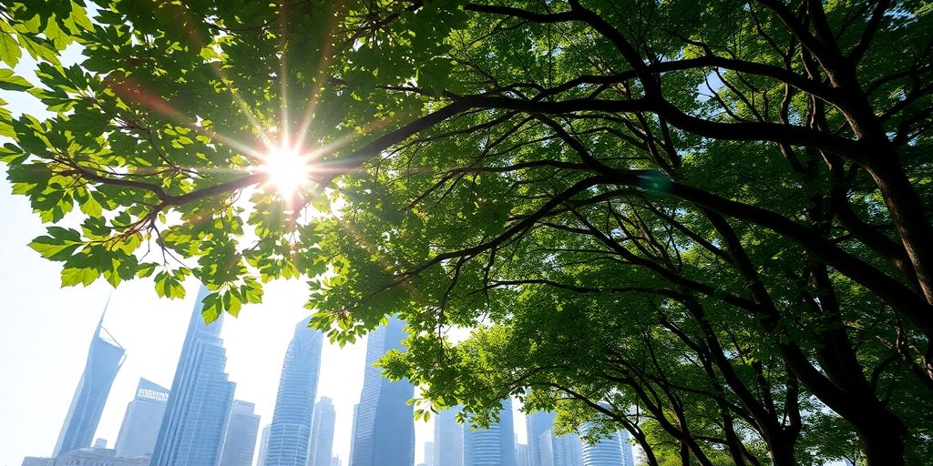 Lush green tree canopy over a modern city skyline.