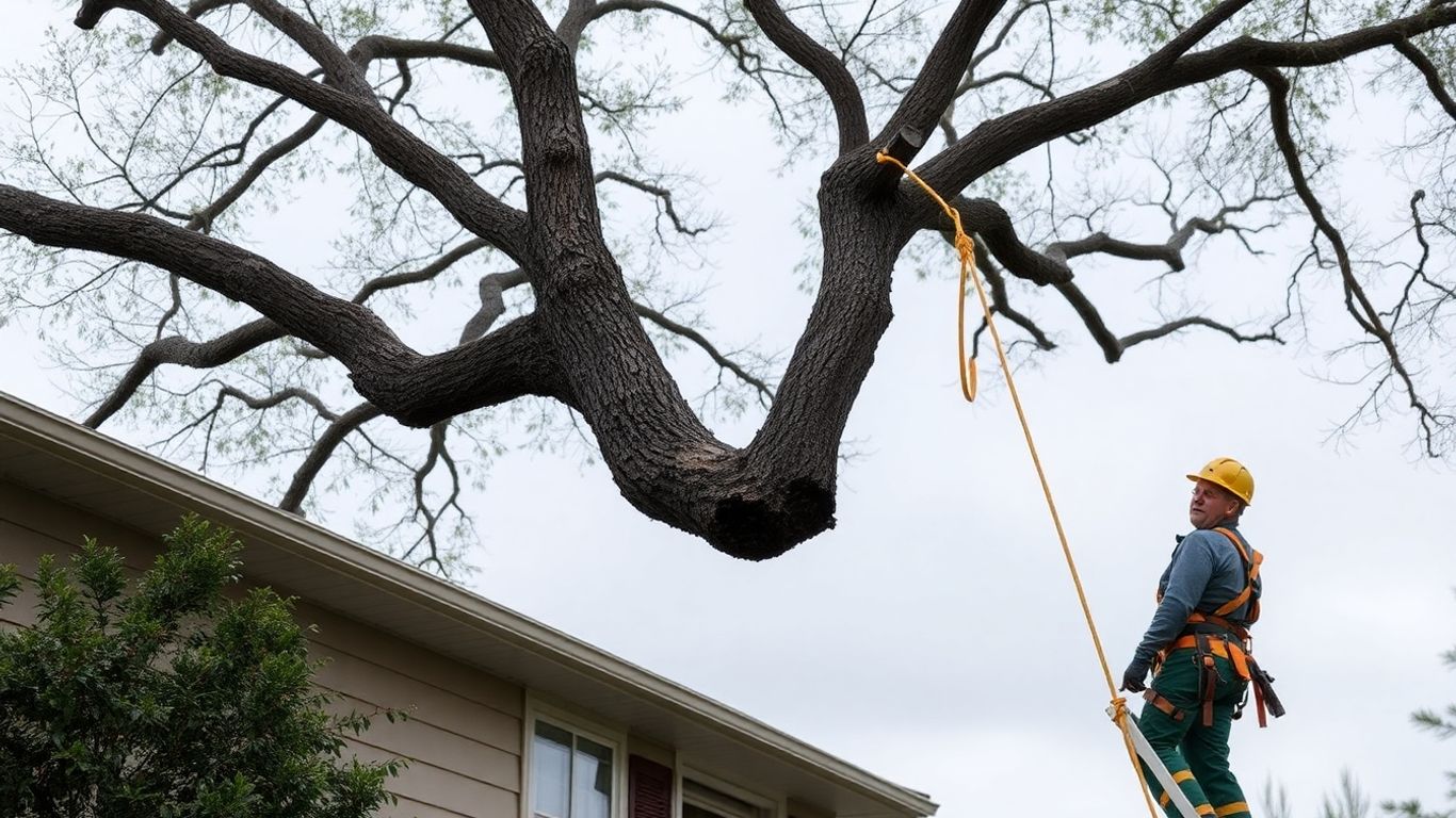 Crane tree Service Man using crane to inspect or cut the tree