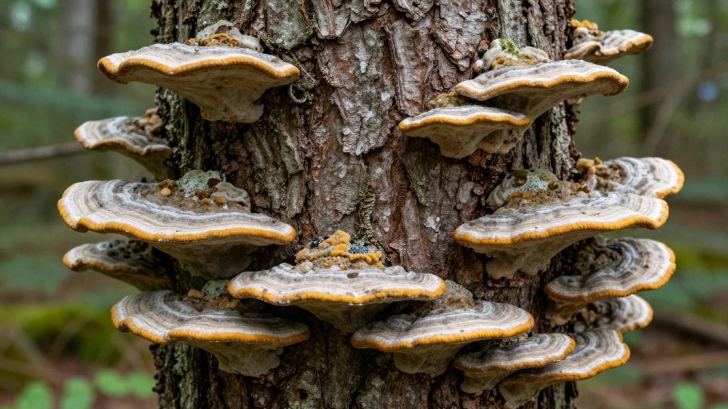 Close-up of tree trunk with various fungi growths.