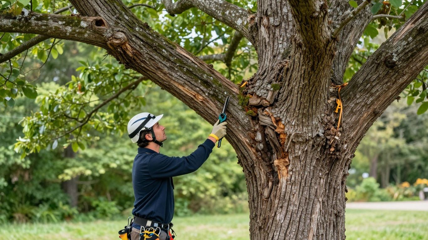 An Arborist inspecting a tree with his tools